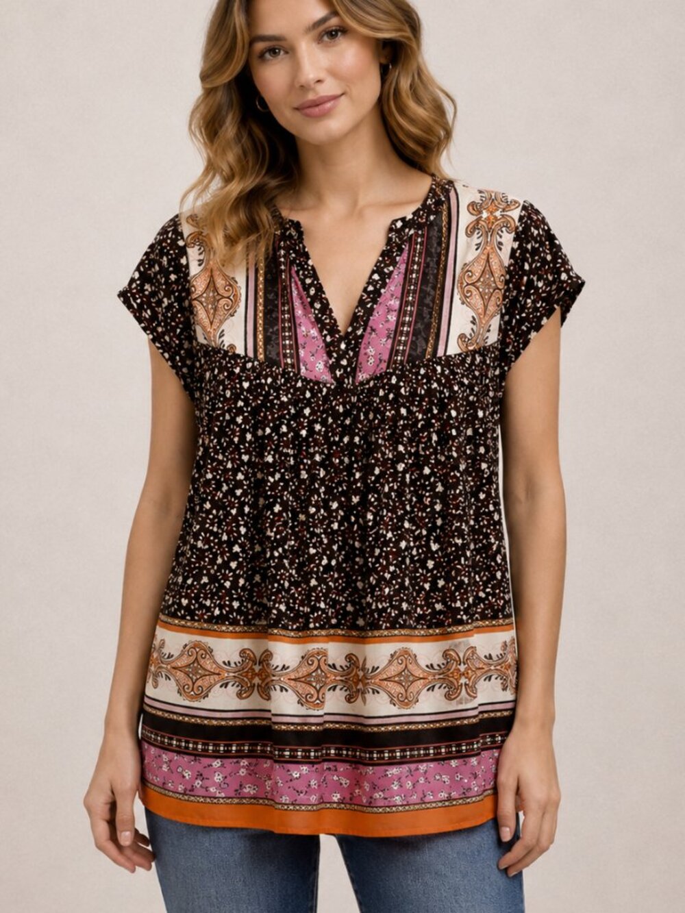 DR2 by Daniel Rainn Mixed Print Sheer Peasant Blouse XS